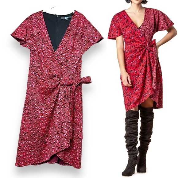 Eva Franco Cameo Animal Print Faux Wrap Dress 8 short sleeve red pink leopard - Picture 1 of 13